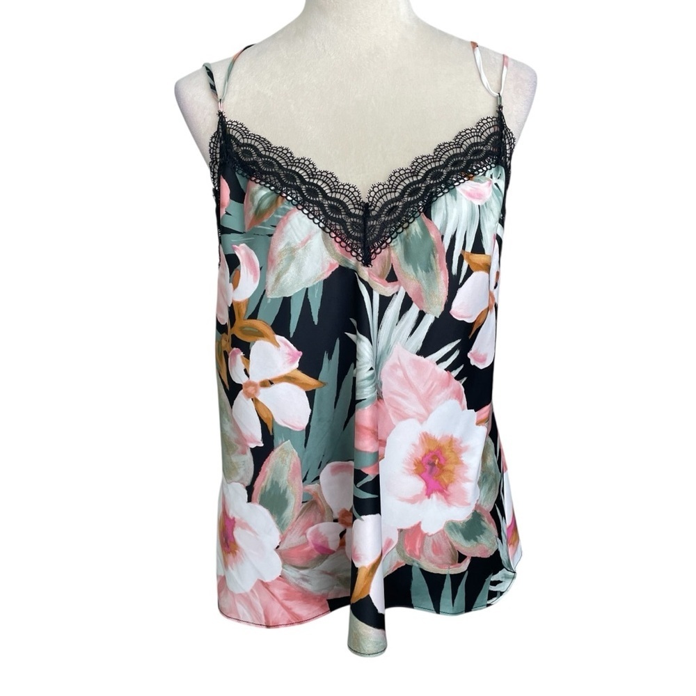 Y2K Babydoll Floral Lace Trim Cami Top Black Pink Satin Feminine Women’s Top XL